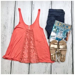 Free People coral tank with satiny/lace inset